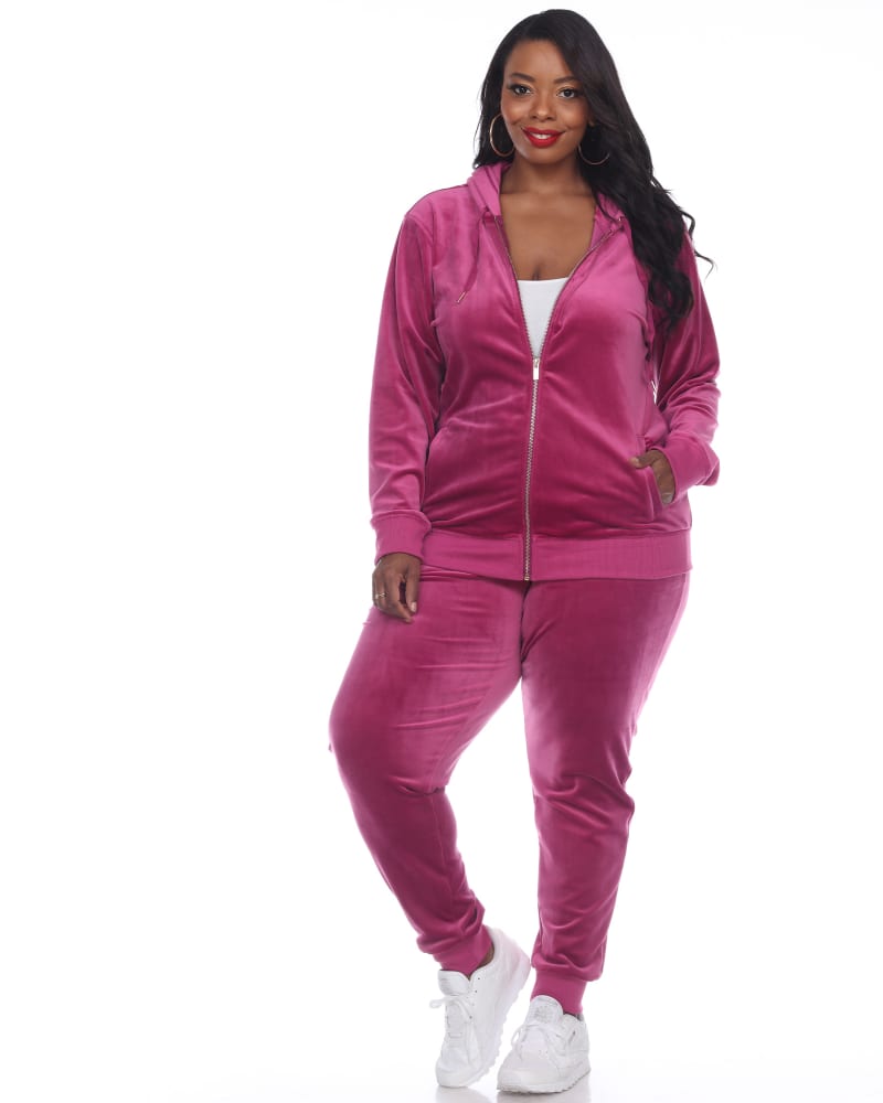 Front of a model wearing a size 2X 2 Piece Velour Track Suit in Fuchsia by White Mark. | dia_product_style_image_id:247961